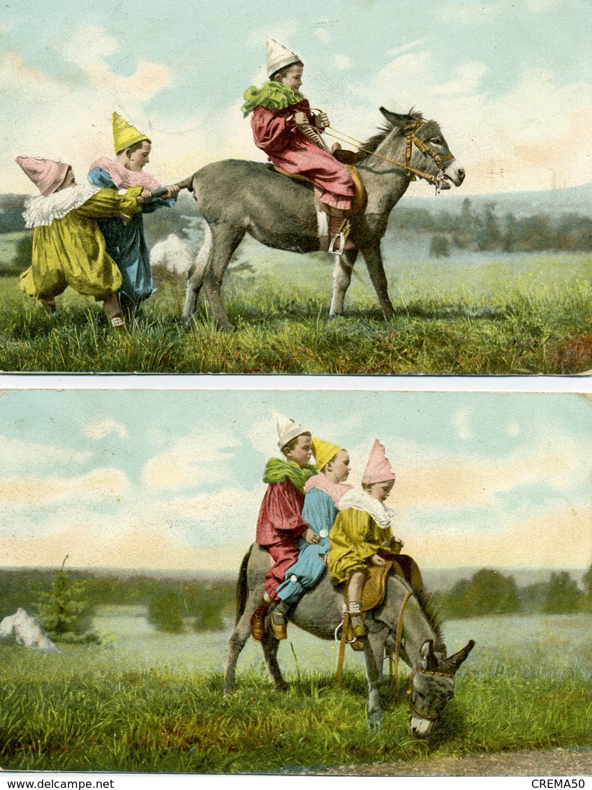 Lot De 5 Cartes - Enfants Pierrot S'amusant Avec Un Ane - - Scènes & Paysages