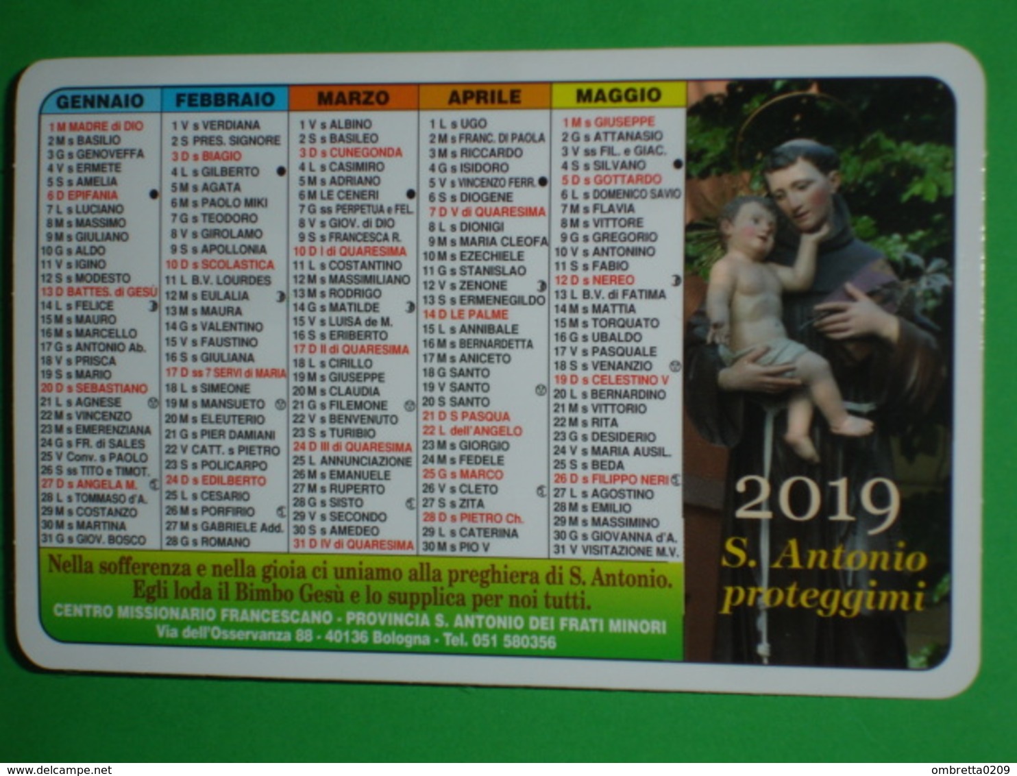 Anno 2019 - S.ANTONIO Da PADOVA - Bologna.via Dell'Osservanza.Centro Francescano Frati Minori/ Calendarietto - Formato Piccolo : 2001-...