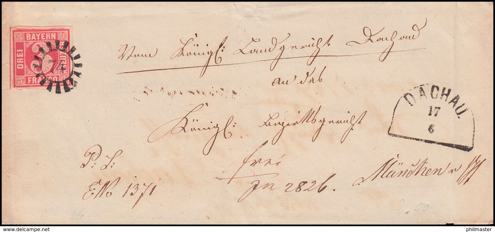Bayern 9 Ziffer 3 Kreuzer Rot EF Auf Brief Mühlrad 74 Halbkreis DACHAU 17.6.1865 - Sonstige & Ohne Zuordnung