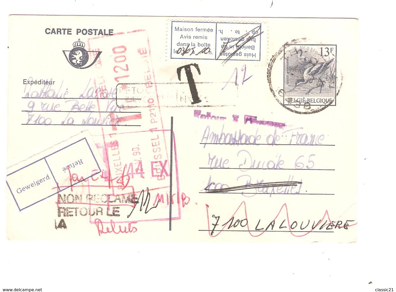 2664/ Entier CP Oiseaux Buzin 196 III Code Postal 6438 V.BXL Griffe T Taxée 12 Retour Rebut Non Réclamé - Cartoline 1951-..