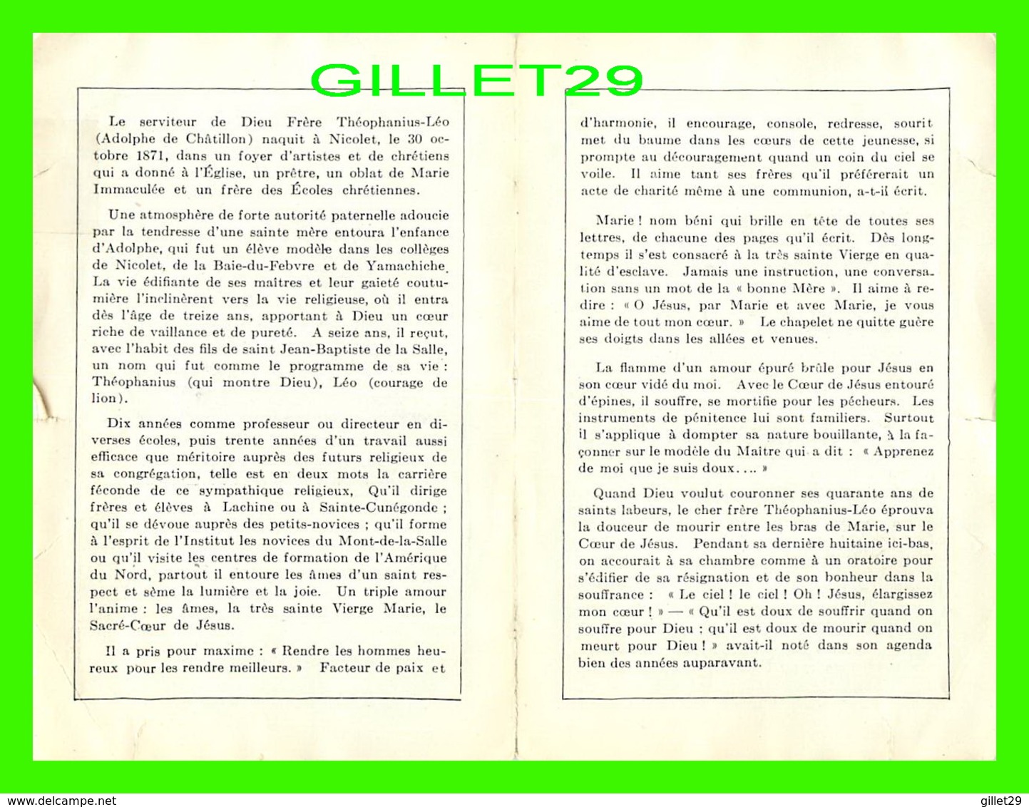 IMAGES RELIGIEUSES - FRÈRE THÉOPHANIUS-LÉO, VISITEUR GÉNÉRAL FRÈRES DES ÉCOLES CHRÉTIENNES EN 1930 - 4 PAGES - - Devotion Images