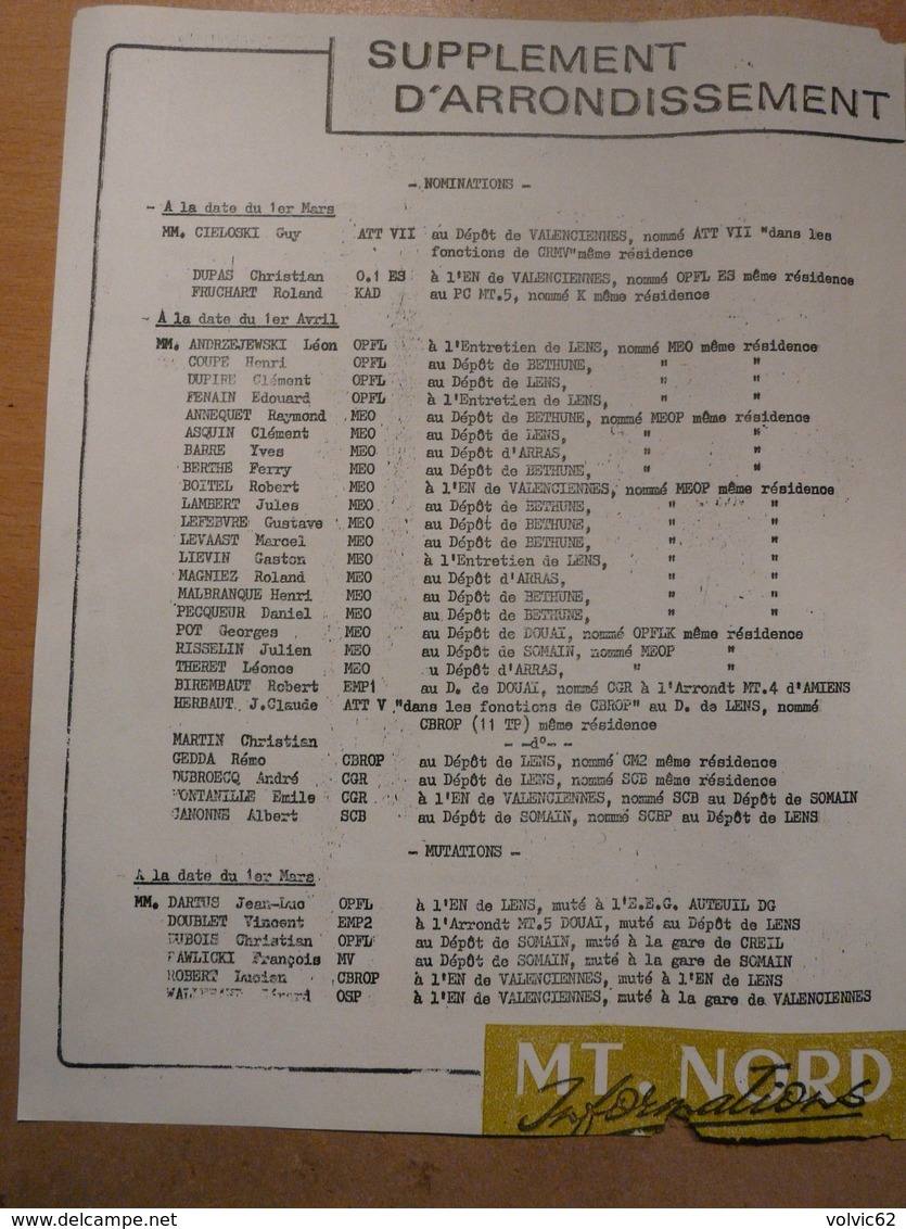 SNCF MT Nord n1 1968 apprentis lens mitry Nominations mutations retraites bethune douai valenciennes