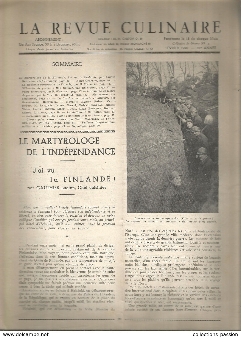 LA REVUE CULINAIRE , Collection De Guerre N° 4 ,février 1940 , 12 Pages , Cahier Intérieur ,  Frais Fr 1.95 E - Gastronomia