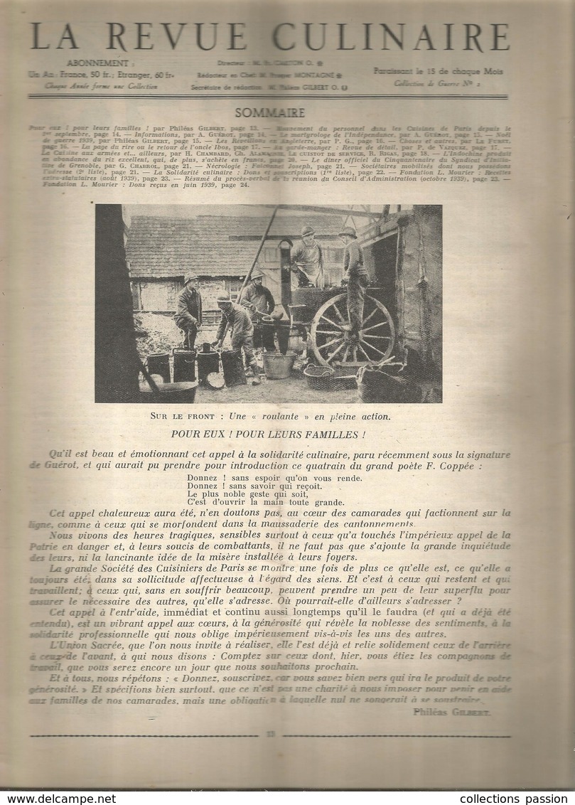 LA REVUE CULINAIRE , Collection De Guerre N° 2 , , 1939 , 12 Pages , Cahier Intérieur,  Frais Fr 1.95 E - Gastronomia