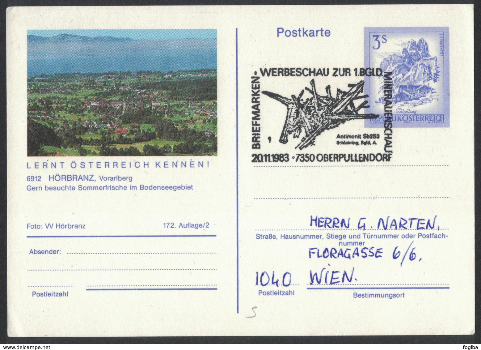 JP385  Austria, Österreich - Special Postmark Oberpullendorf 1983 Mineral Show / Mineralienschau - Antimonit - Minerali