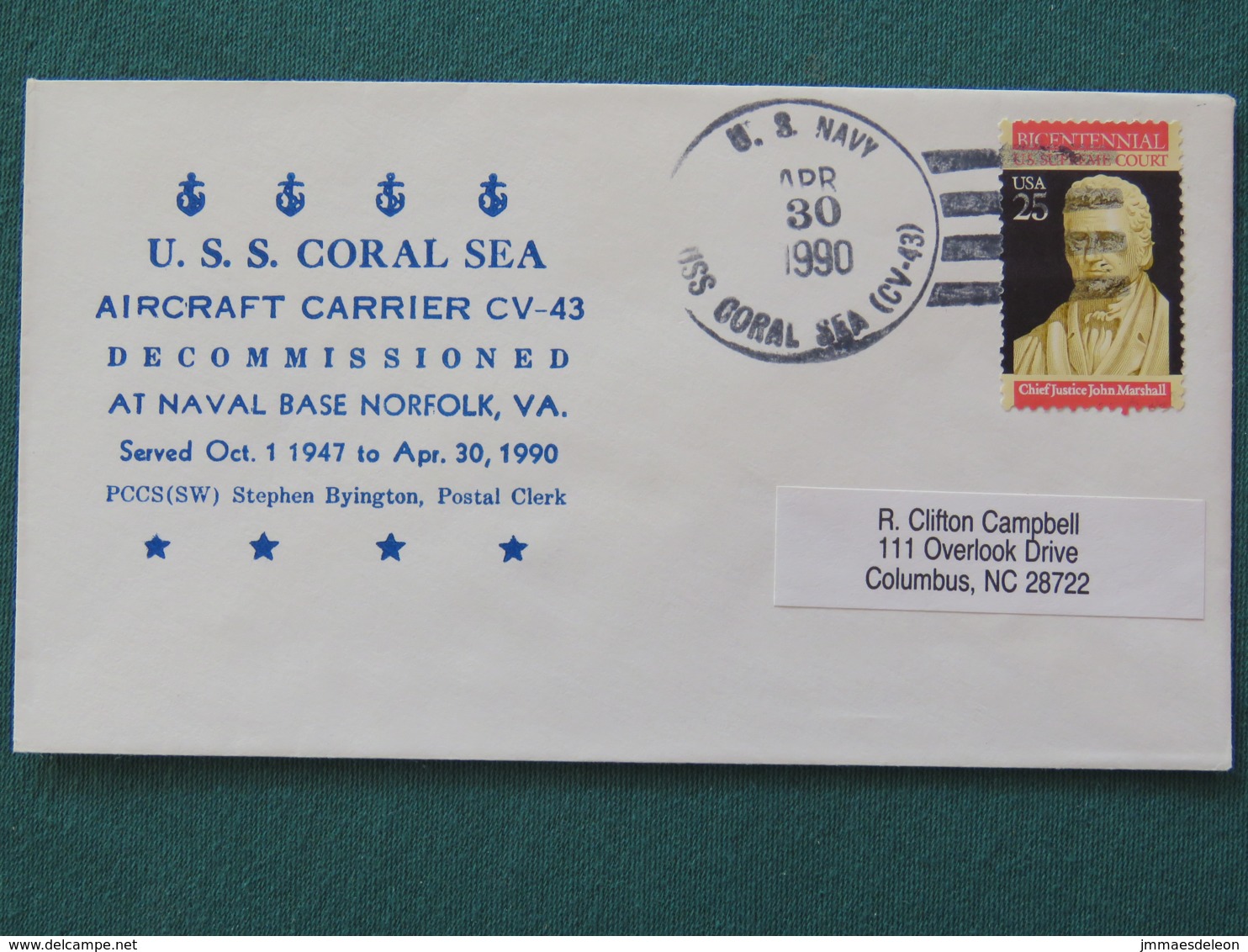 USA 1990 Cover From Ship USS Coral Sea To Columbus - Bicentennial Court John Marshall - Covers & Documents