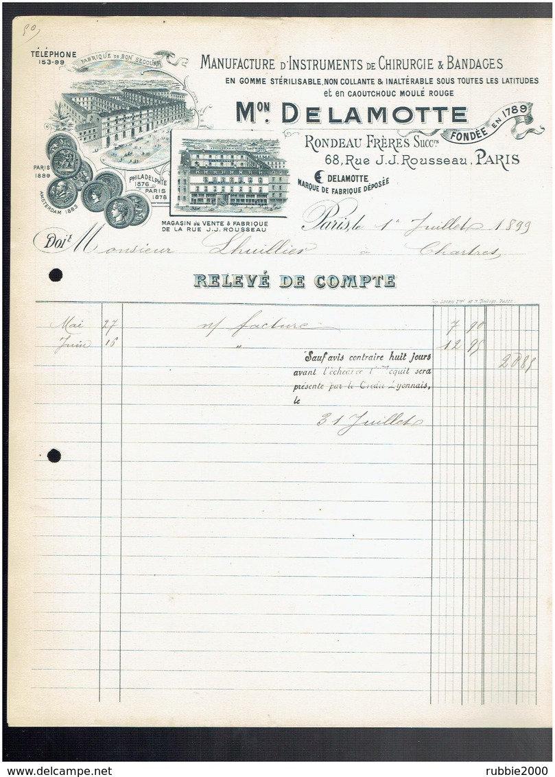 FACTURE 1899 INSTRUMENT CHIRURGIE DELAMOTTE FABRIQUE DE BONSECOURS SEINE MARITIME VENTE 68 RUE J.J. ROUSSEAU PARIS - 1800 – 1899