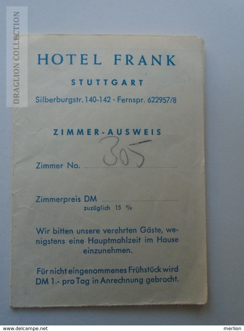 D162556  Hotel FRANK  -Stuttgart  - -karte Map -  Zimmer Ausweis - Unclassified