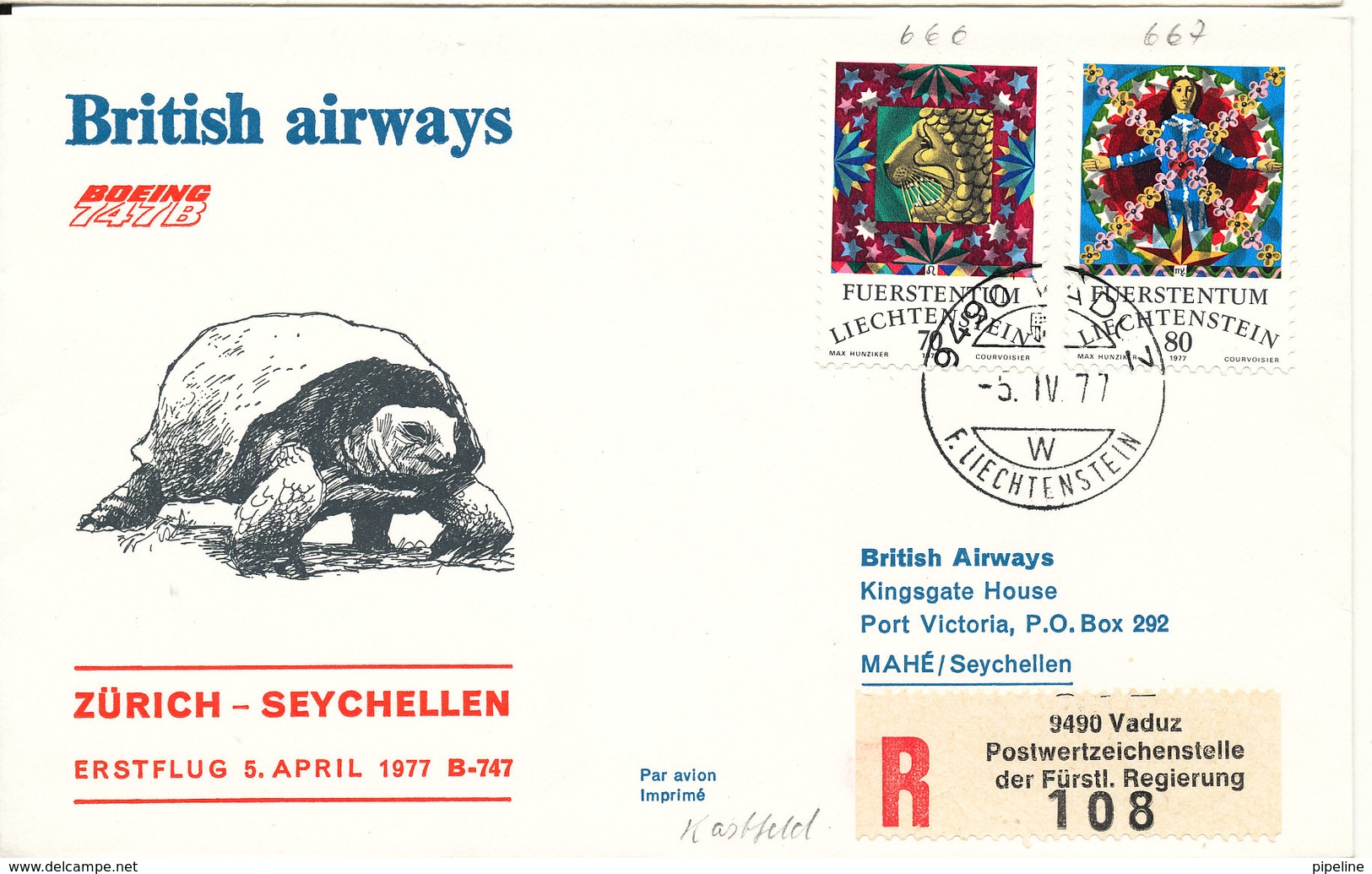 Liechtenstein Registered Cover First Flight British Airways Zürich - Seychellen 5-4-1977 - Covers & Documents