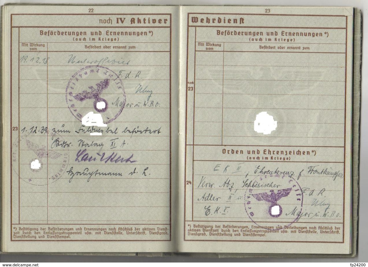 Wehrpass eines Feldwebels beim Stalag XI A in Altengrabow - Eintragungen aus dem 1. und 2. Weltkrieg