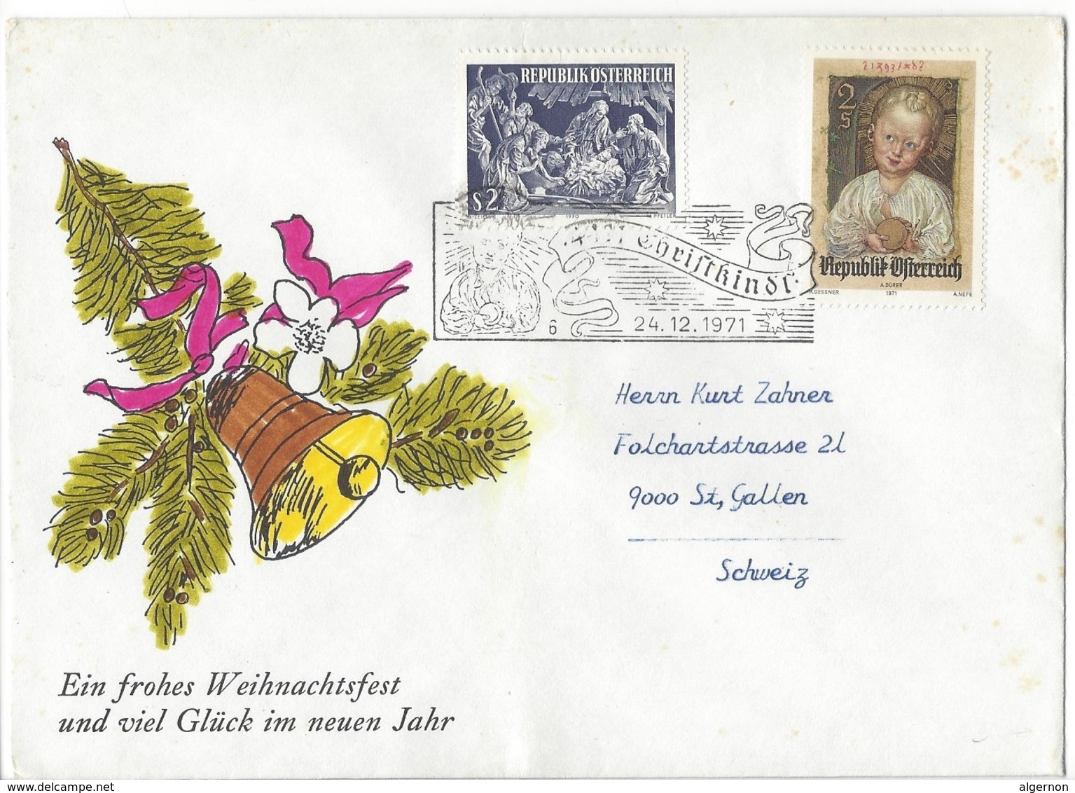 21205 - Christkindl 1971 Lettre Pour St.Gallen Branche Et Cloche 24.12.1971 - Noël