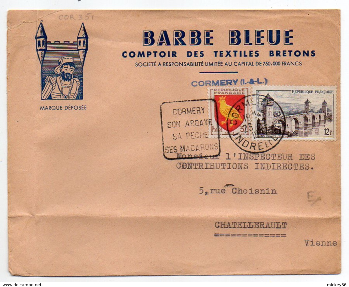 1957-Lettre De CORMERY-37 Pour CHATELLERAULT-86-Daguin(abbaye,pêche,macarons)-BARBE BLEUE-ComptoirTextiles Bretons - 1921-1960: Période Moderne