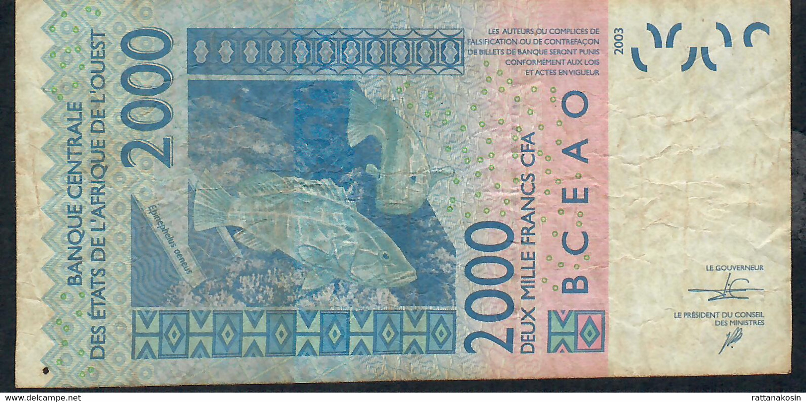 W.A.S. LETTER S GUINEA BISSAU P916Sp  2000 FRANCS  2016 FINE Folds NO  P.h. ! - West-Afrikaanse Staten