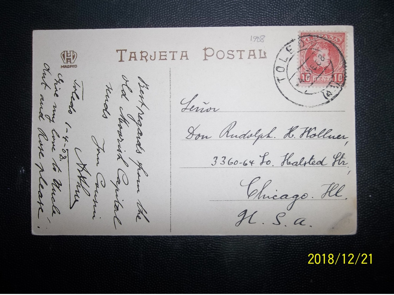 Espana: 1908 PPC To USA (#KL10) - Covers & Documents