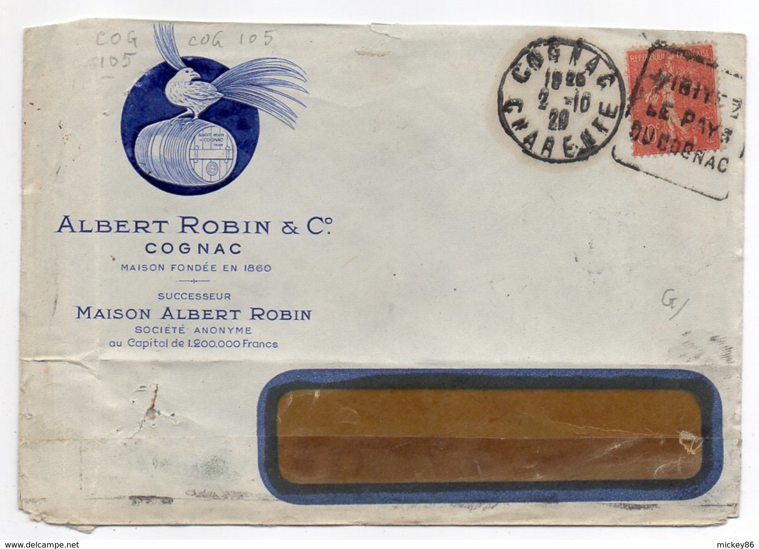 1929-Lettre De COGNAC-16--Daguin (Visitez Le Pays De Cognac)-type Semeuse-Cognac Robin & Cie (paon) - 1921-1960: Période Moderne