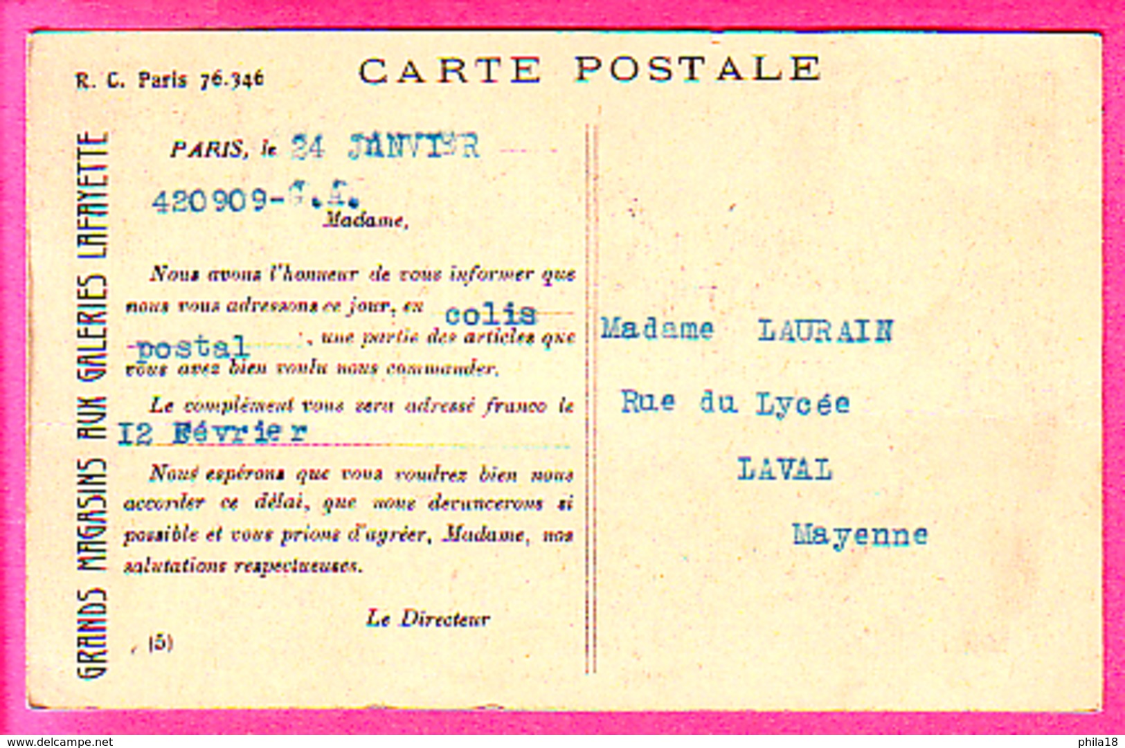 PASTEUR  N°171 PERFORE GL COLLE MAIS  NON OBLITERE SUR CARTE PARIS RUE HALEVY AU DOS INFO SIGNALANT UN ENVOI DE COLIS - Autres & Non Classés