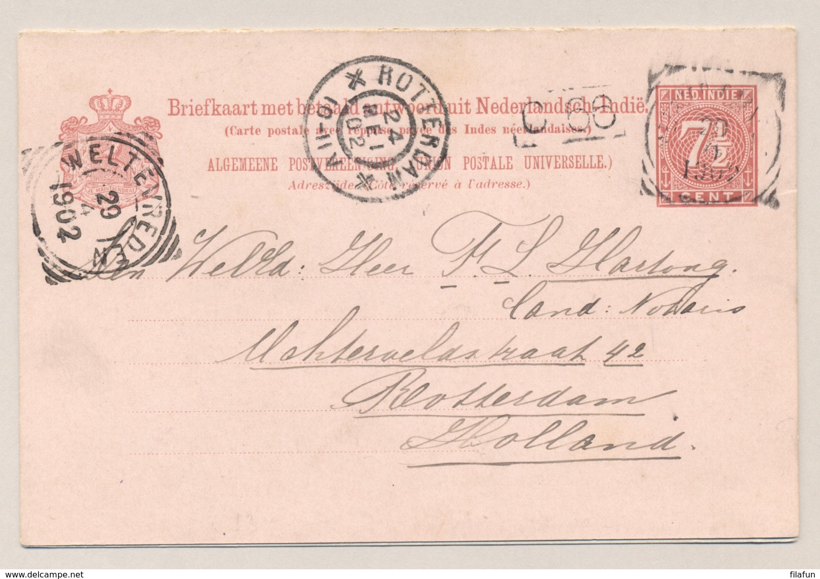 Nederlands Indië - 1902 - 7,5 + 7,5 Cent Cijfer, Briefkaart G13 Van Meester Cornelis Naar Rotterdam / Nederland - Niederländisch-Indien