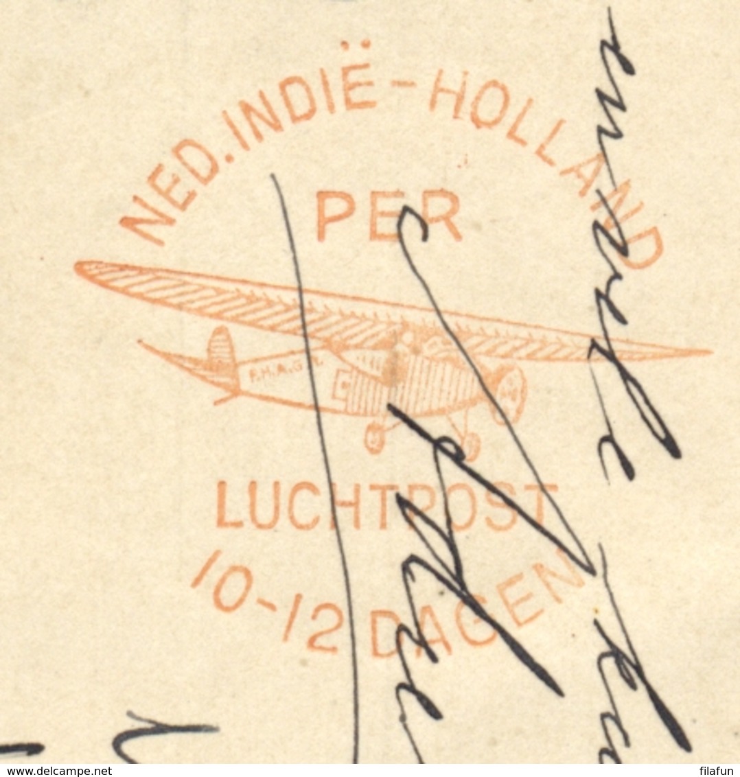 Nederlands Indië - 1932 - 5 Cent Cijfer, Briefkaart Met Luchtpostreklame, G52b Met Bijfrankering Van Modjokerto Naar NL - Nederlands-Indië