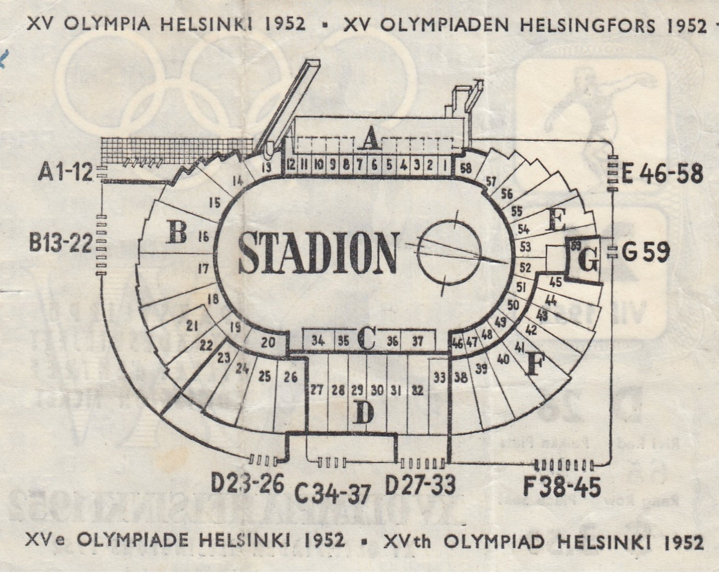 HELSINKI , Finland , 1952 : XV OLYMPIA (Olympics) , Admission Ticket - Finlande