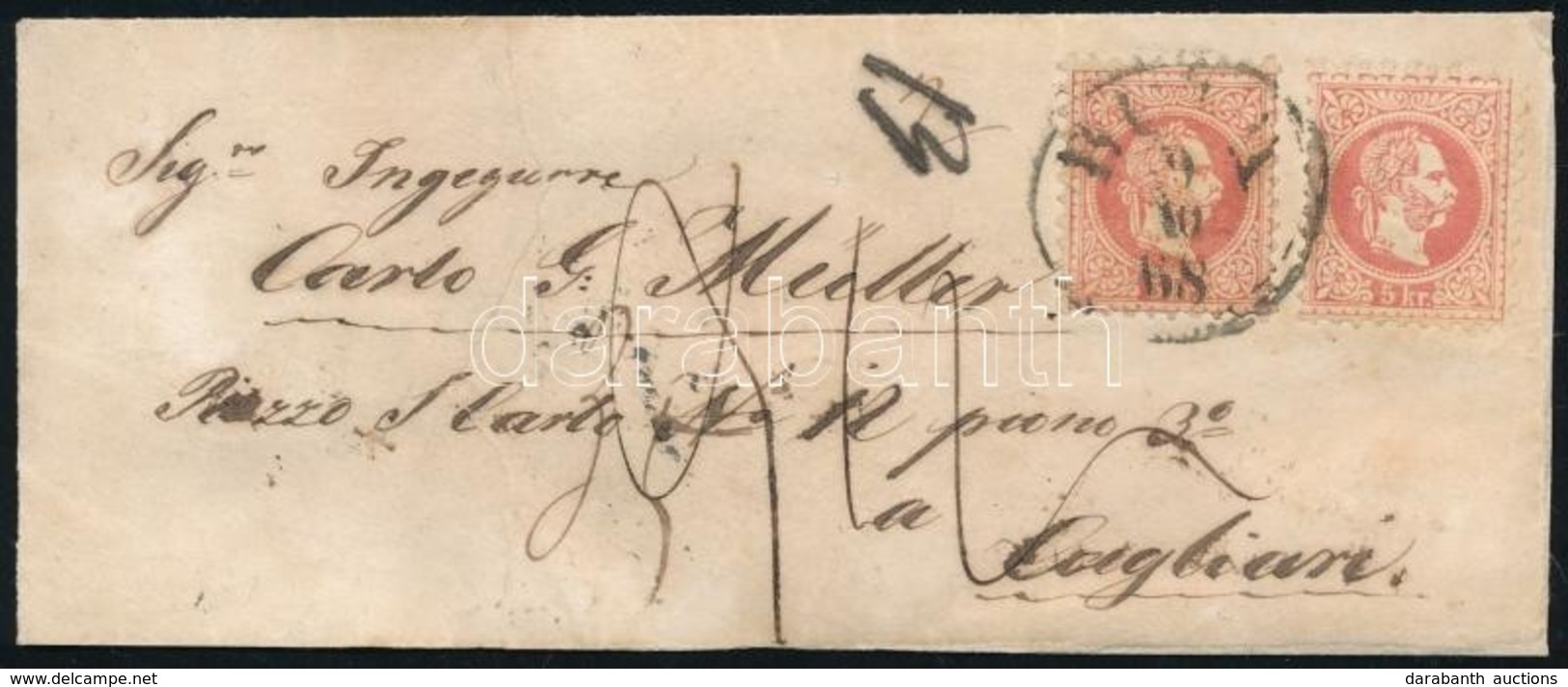 1868 2 X 5kr Portós Levél Olaszországba Küldve (levélpapír Javított) - Sonstige & Ohne Zuordnung
