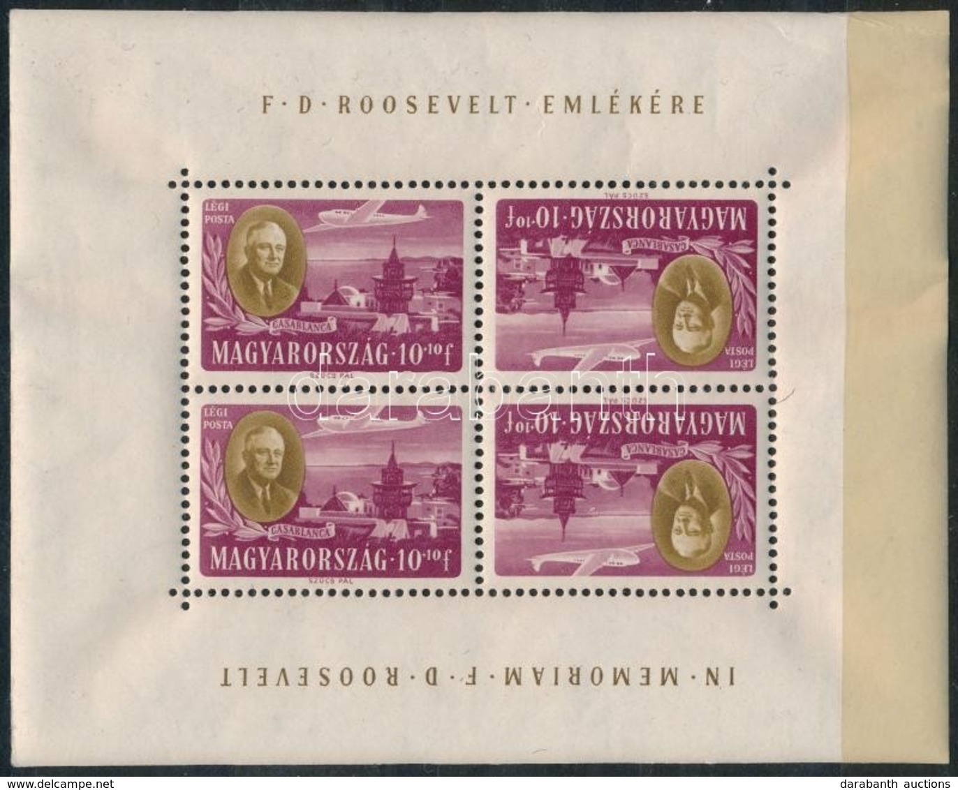 ** 1947 Roosevelt 10+10f Fordított Képállású Kisív (saroktörés, Ráncok / Corner Fold, Creases) - Other & Unclassified