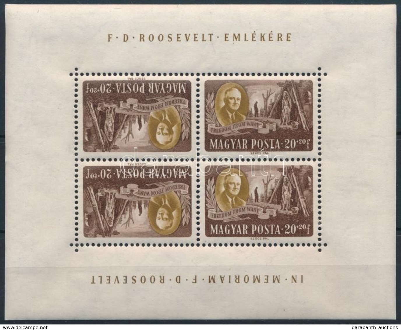 ** 1947 Roosevelt 20+20f Fordított Képállású Kisív (apró Törések / Small Creases) - Other & Unclassified