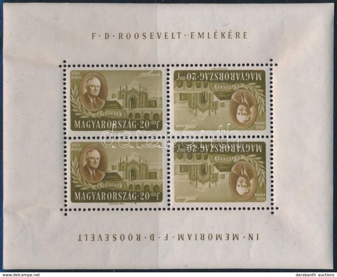 ** 1947 Roosevelt 20+20f Fordított Képállású Kisív (törések / Fold) - Other & Unclassified