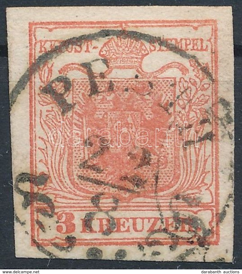 O 1850 3kr Paradicsompiros / Tomato Red, MP Ib, Gravurtype 1-2 'PESTH' Certificate: Strakosch - Other & Unclassified