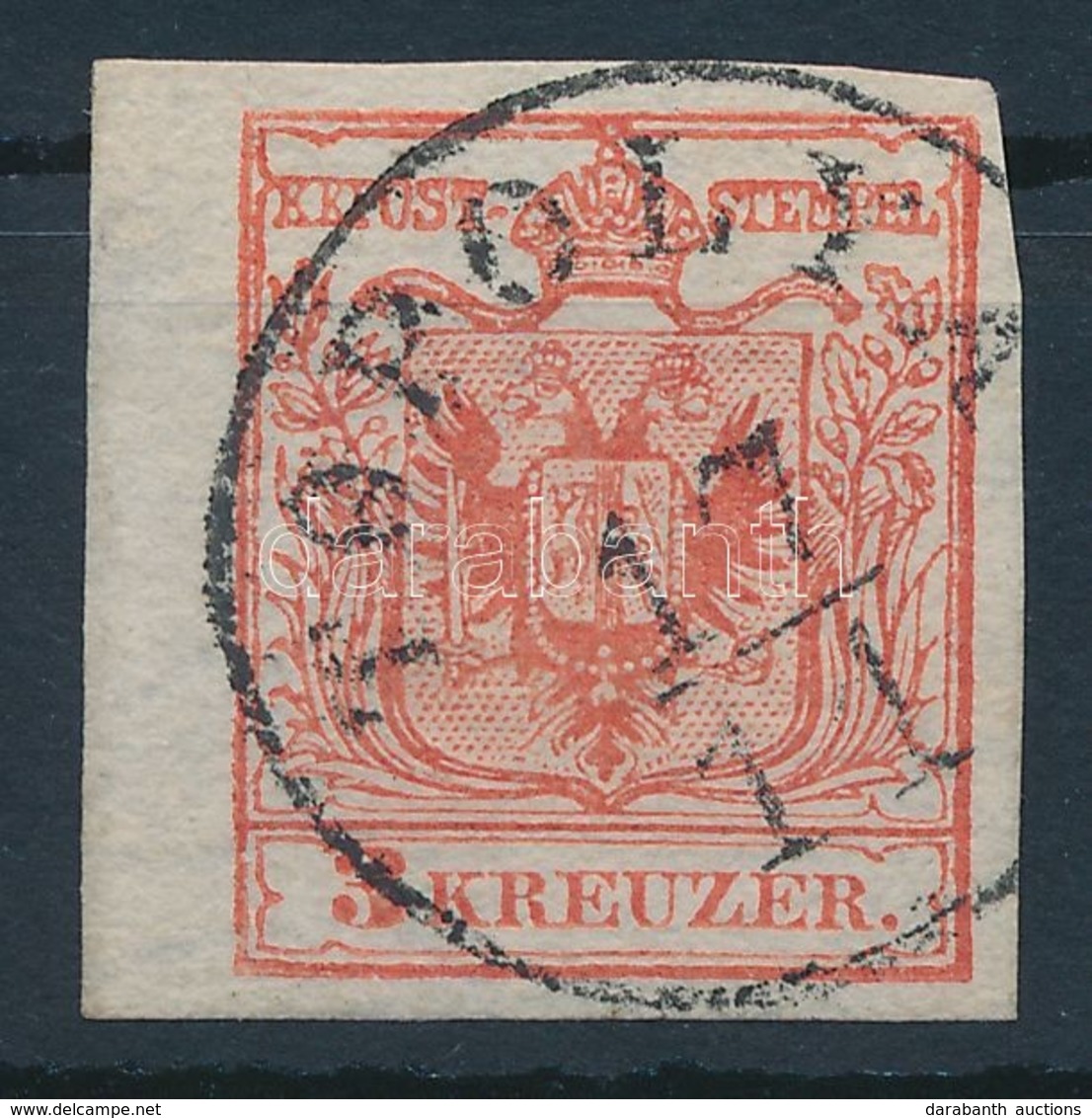 O 1850 3kr HP IIIa Piros, Vízjeles ívszéli Bélyeg / Red, Margin Piece With Watermark 'TOPOLYA' Certificate: Babor - Andere & Zonder Classificatie