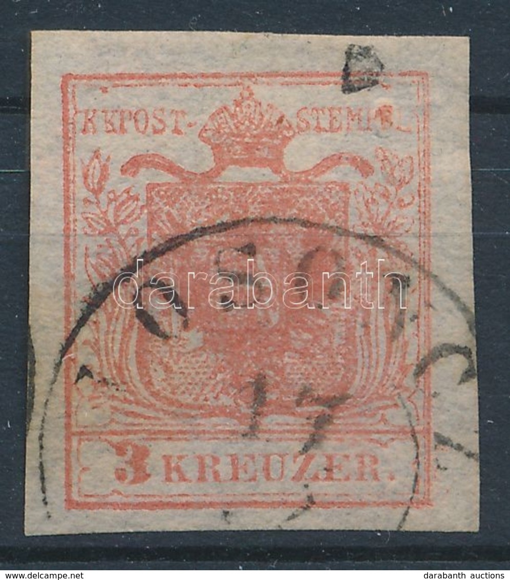 O 1850 3kr HP Ia Sápadtvörös, Kiemelt Középrész, Lemezhiba Nagy Papierkorn / Pale Red, Highlighted Middle Part, Plate Fl - Andere & Zonder Classificatie