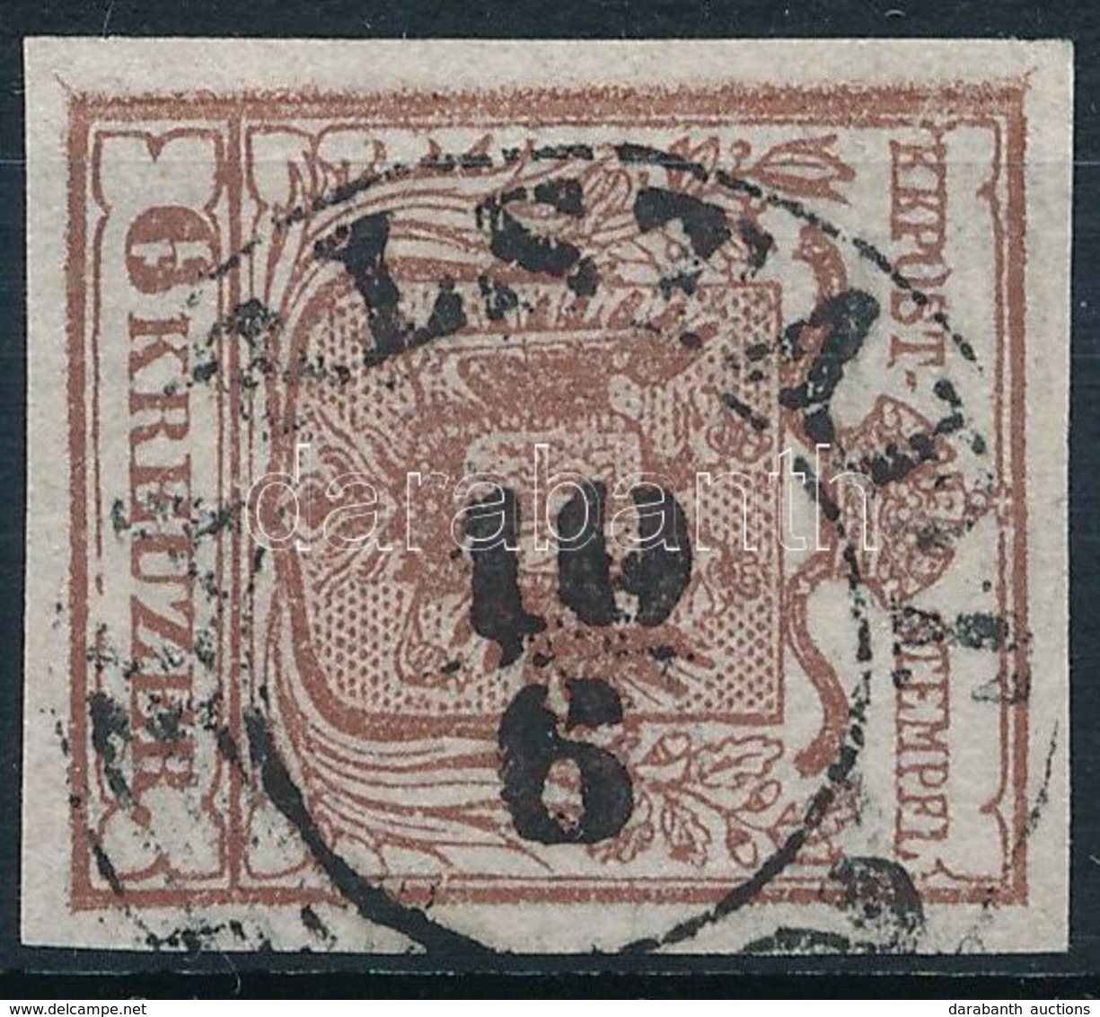 O 1850 6kr Sötét Vörösbarna HP I. ívszéli Nyomat / Dark Redbrown, Margin Piece 'KARLSTADT' Certificate: Steiner - Andere & Zonder Classificatie