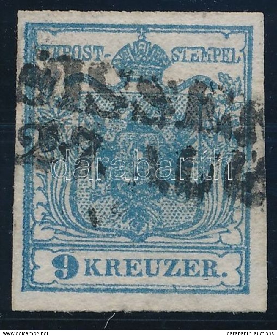 O 1850 9kr HP I. Kék, ívszéli Nyomat, Lemezhibával, Magistris 205 / Blue, Margin Piece With Plate Flaw 'SISSEK' Certific - Andere & Zonder Classificatie