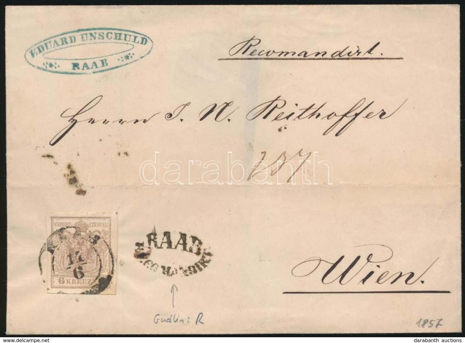 1857 6kr MP Ajánlott Levélen, A Hátoldali Bélyeg Hiányzik / On Registered Cover,  Backside Stamp Missing 'RAAB RECOMANDI - Andere & Zonder Classificatie