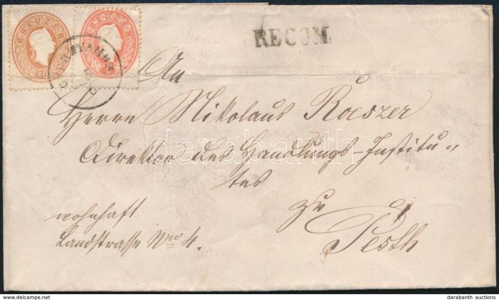 1861 Előoldalon 5kr + 10kr (regiszterhajtás) + A Hátoldalon 2 X 5kr Bélyeg Ajánlott Levélen ,,GYERTYÁMOS' - Pesth - Other & Unclassified