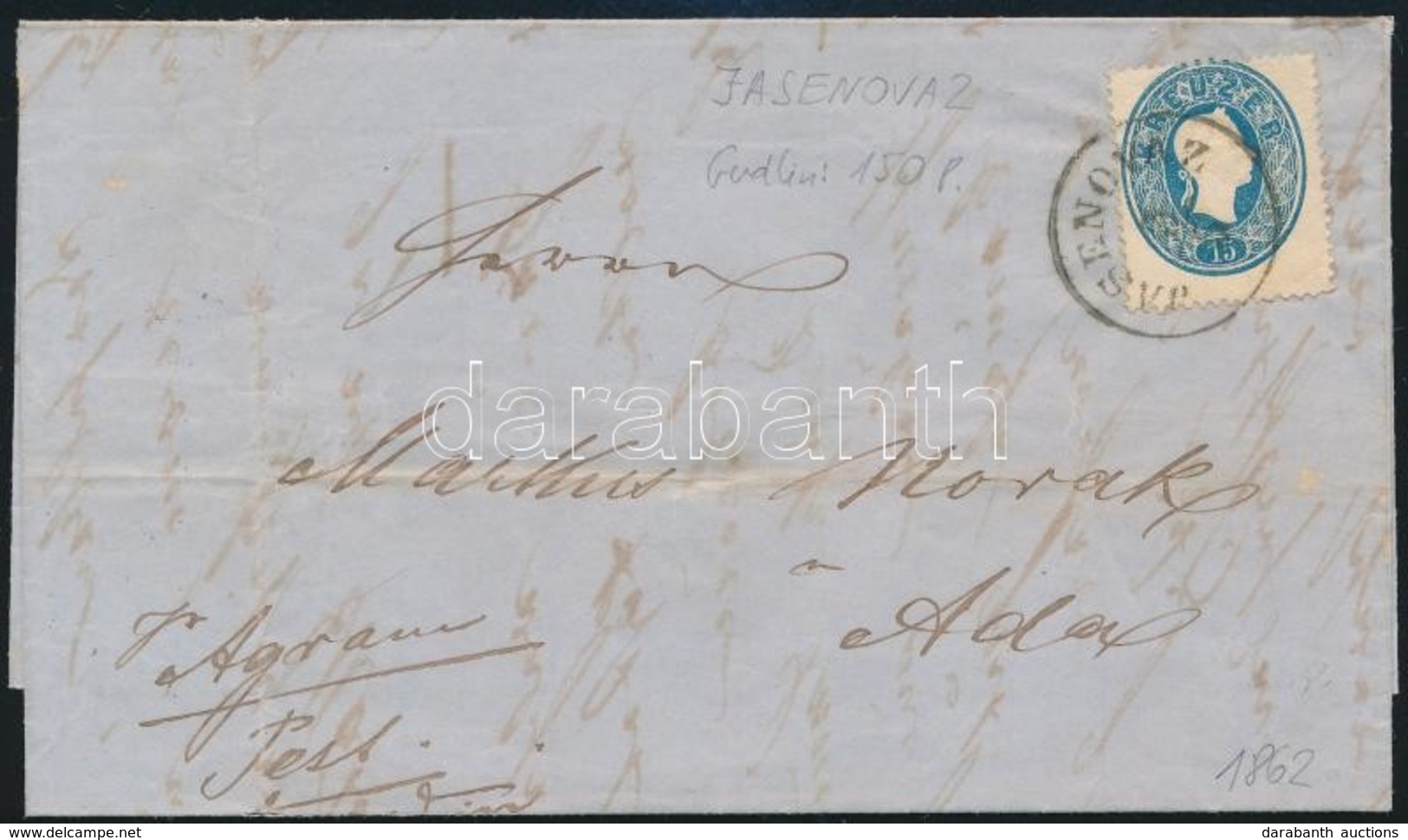 1862 15kr Levélen / On Cover 'JASENOVAZ' - Ada - Other & Unclassified