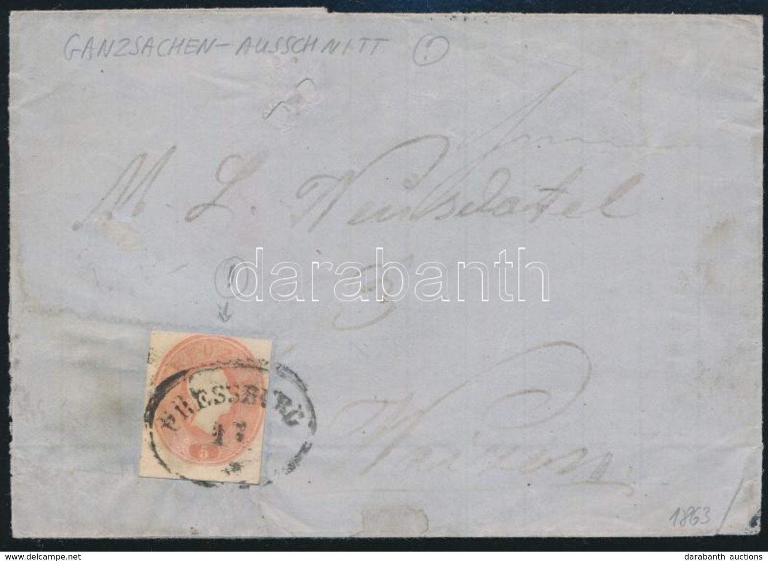 1863 5kr Díjjegyes Kivágás Bélyegként Felhasználva Levélen / 5kr PS-cutting Used As Stamp On Cover 'PRESSBURG' - Other & Unclassified