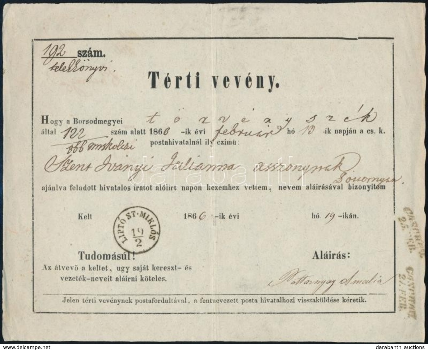 1866 Térti Vevény 'LIPTÓ ST. MIKLÓS' - 'CASCHAU' - Other & Unclassified