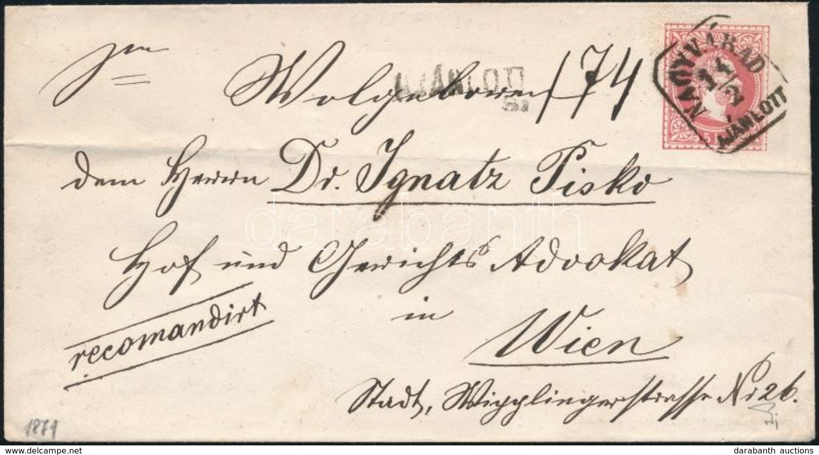 1871 5kr Díjjegyes Boríték Ajánlott Levélként Elküldve, Hátoldalán 10kr Bélyeggel / 5kr Registered PS-cover With 10kr Ad - Andere & Zonder Classificatie