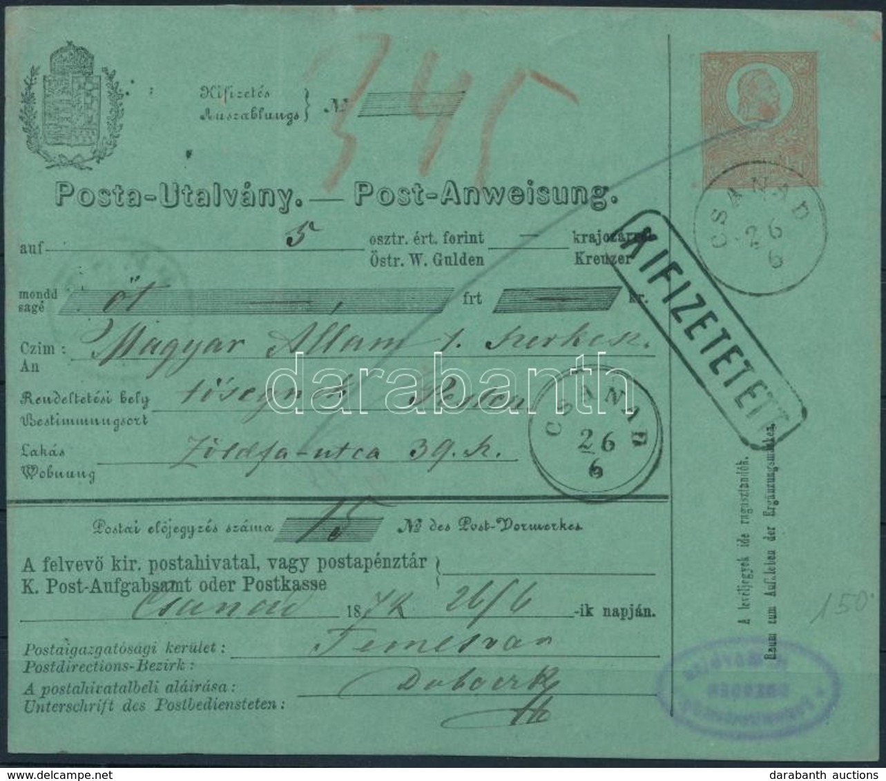 1872 5kr Díjjegyes Postautalvány / 5kr PS-money Order 'CSANÁD' - Sonstige & Ohne Zuordnung