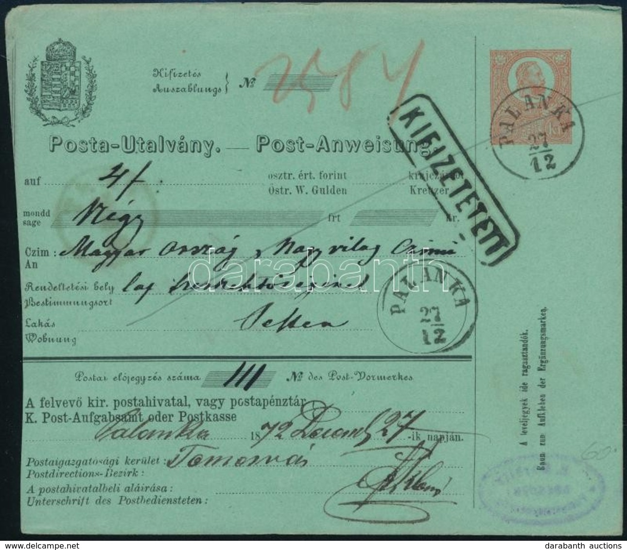 1872 5kr Díjjegyes Postautalvány / 5kr PS-money Order 'PALANKA' - Other & Unclassified