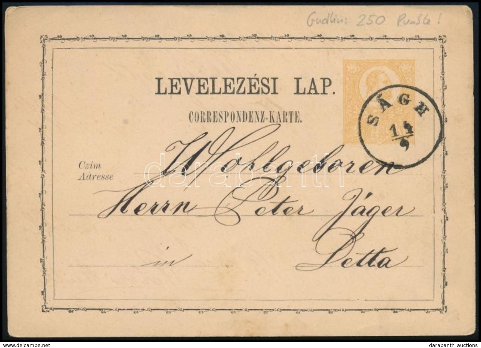 1872 Díjjegyes Levelezőlap / PS-card 'SÁGH' - Andere & Zonder Classificatie