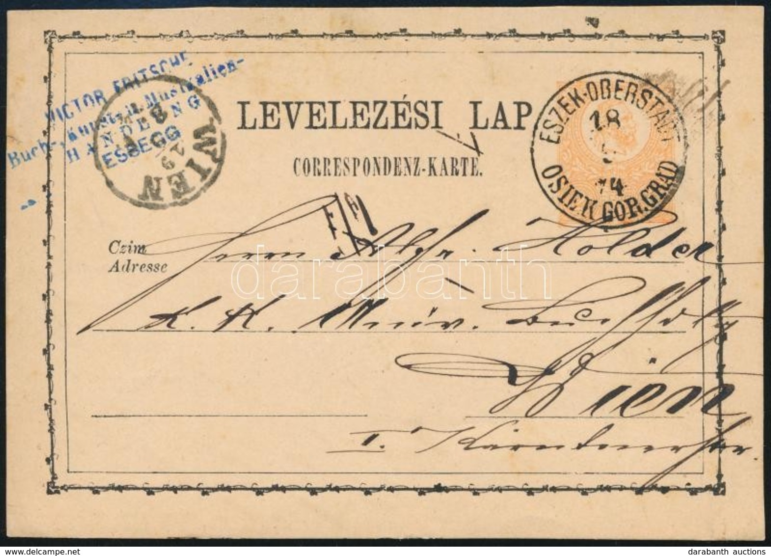 1874 Díjjegyes Levelezőlap, Narancs / PS-card, Orange 'ESZEK-OBERSTADT / OSIEK GOR.GRAD' - Other & Unclassified