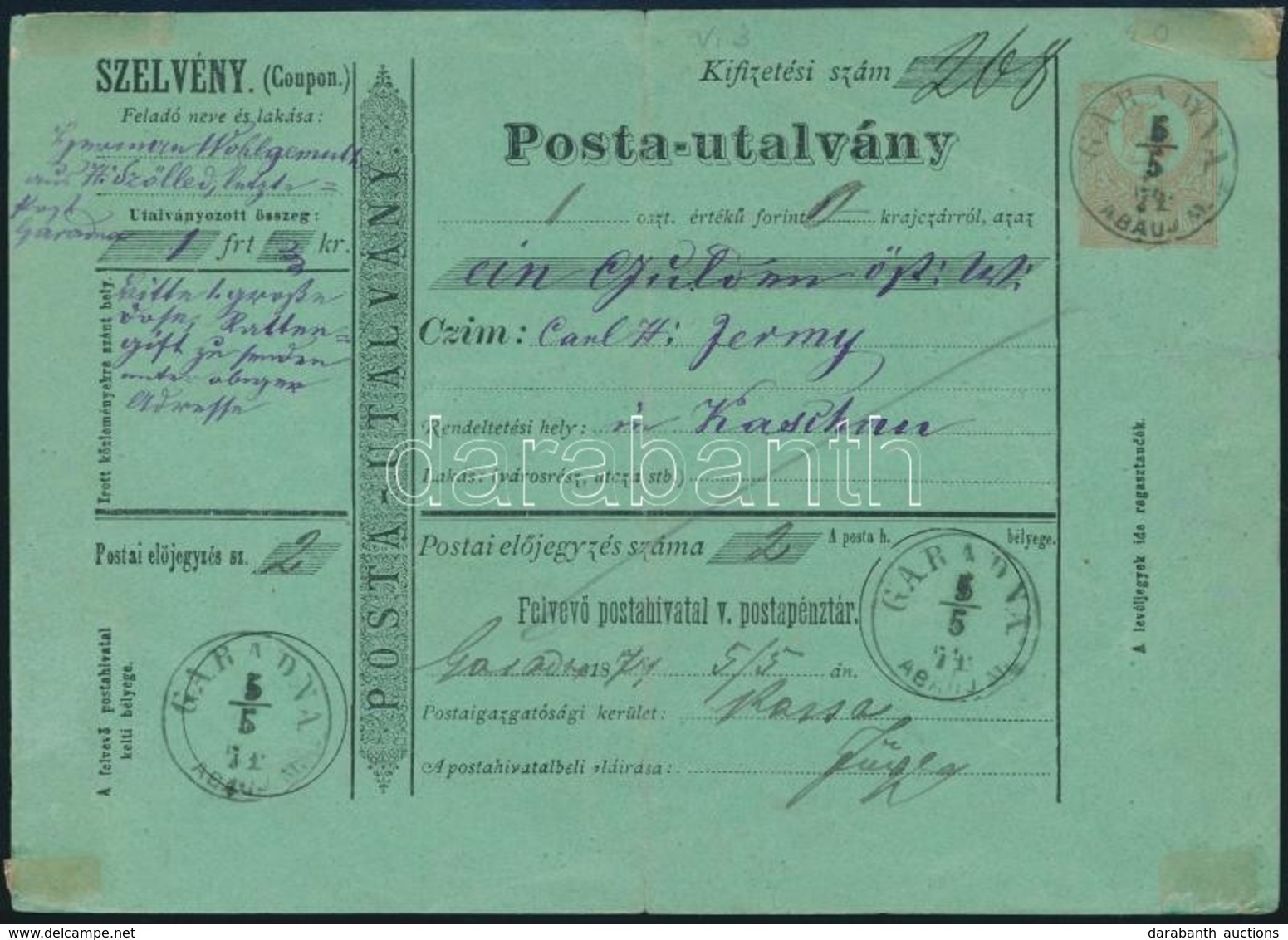 1874 Posta-utalvány 'GARADNA ABAUJ M.' - 'KASSA' - Other & Unclassified