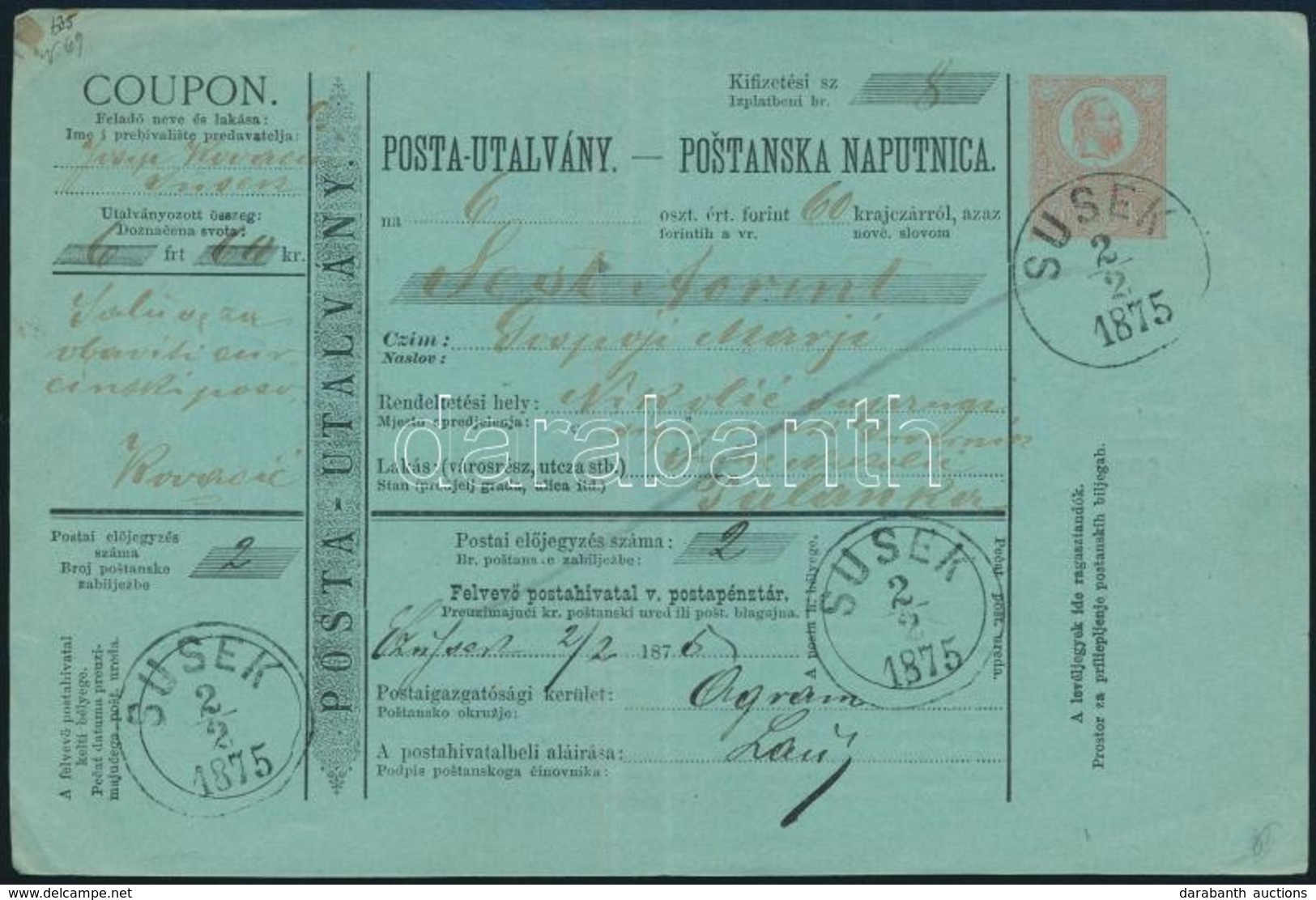 1875 Kétnyelvű Postautalvány 'SUSEK' - Palanka - Other & Unclassified