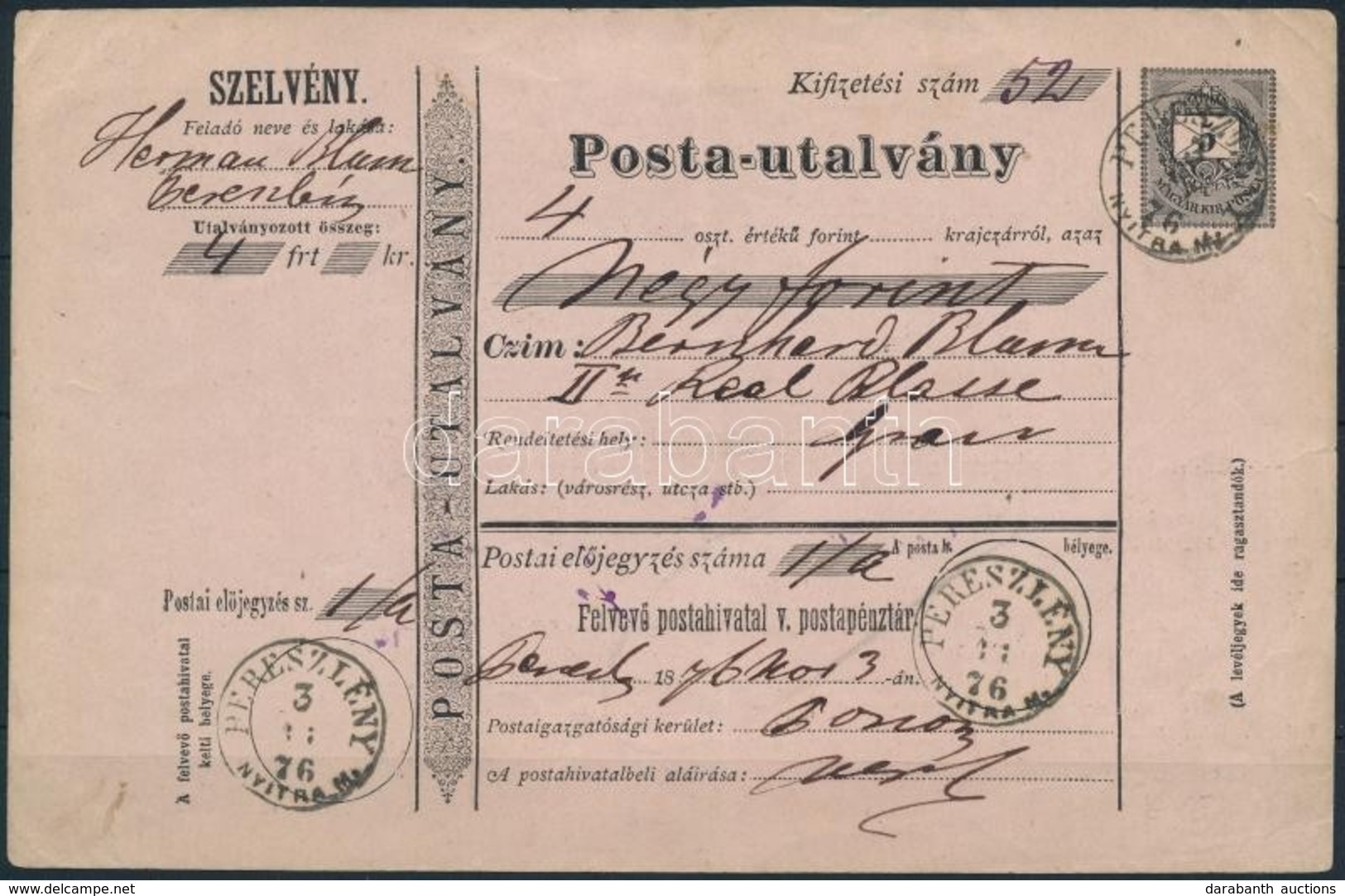 1876 5kr Díjjegyes Postautalvány / 5kr PS-money Order 'PERESZLÉNY' - Andere & Zonder Classificatie