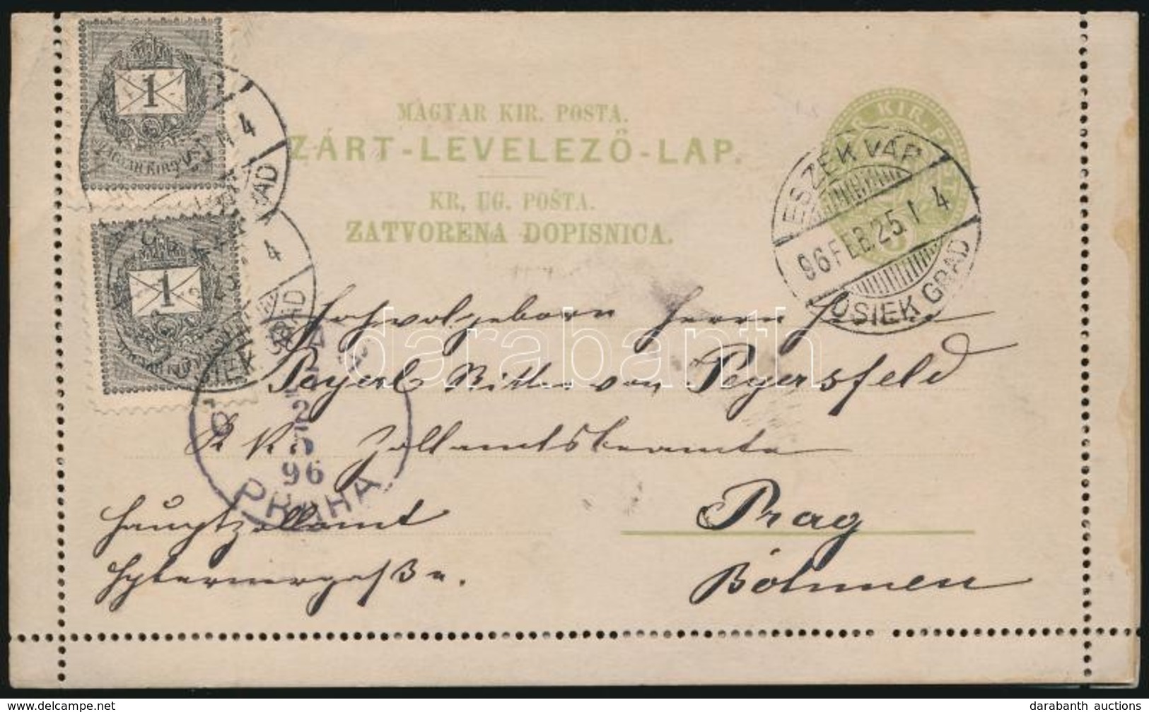 1896 Díjkiegészített Díjjegyes Zárt Levelezőlap / PS-cover Card With Additional Franking 'ESZÉK VÁR OSIEK GRAD' - 'PRAG' - Andere & Zonder Classificatie