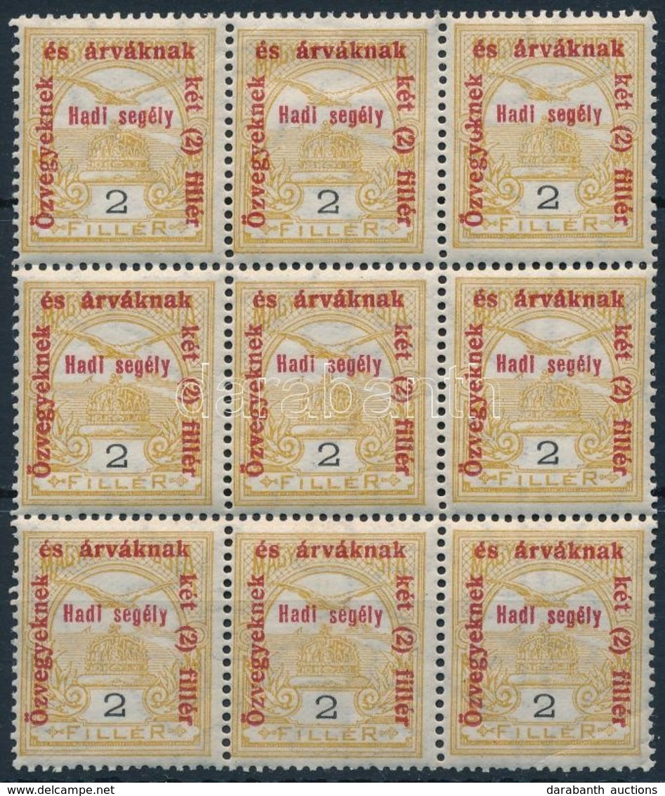 ** 1915 Hadi Segély 2f 9-es Tömb Benne 3 Db II. Tipusú Bélyeg - Other & Unclassified