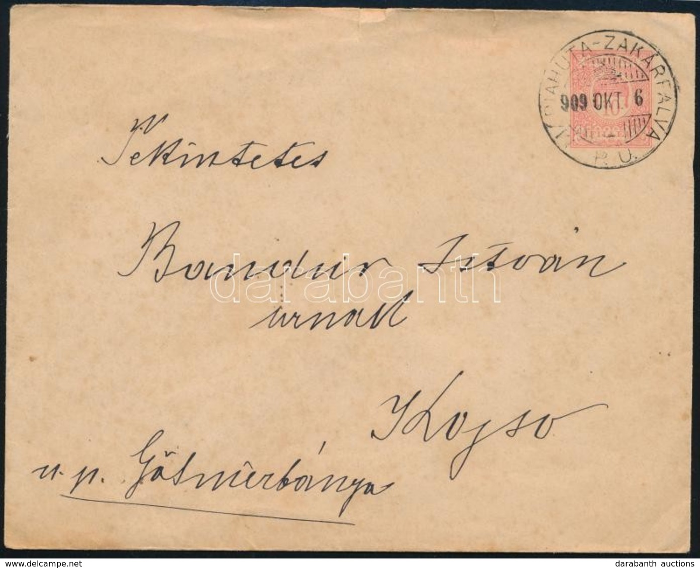 1909 10f Díjjegyes Boríték 'MÁRIAHUTA-ZAKÁRFALVA P.U.' Pályaudvari Bélyegzővel - Other & Unclassified