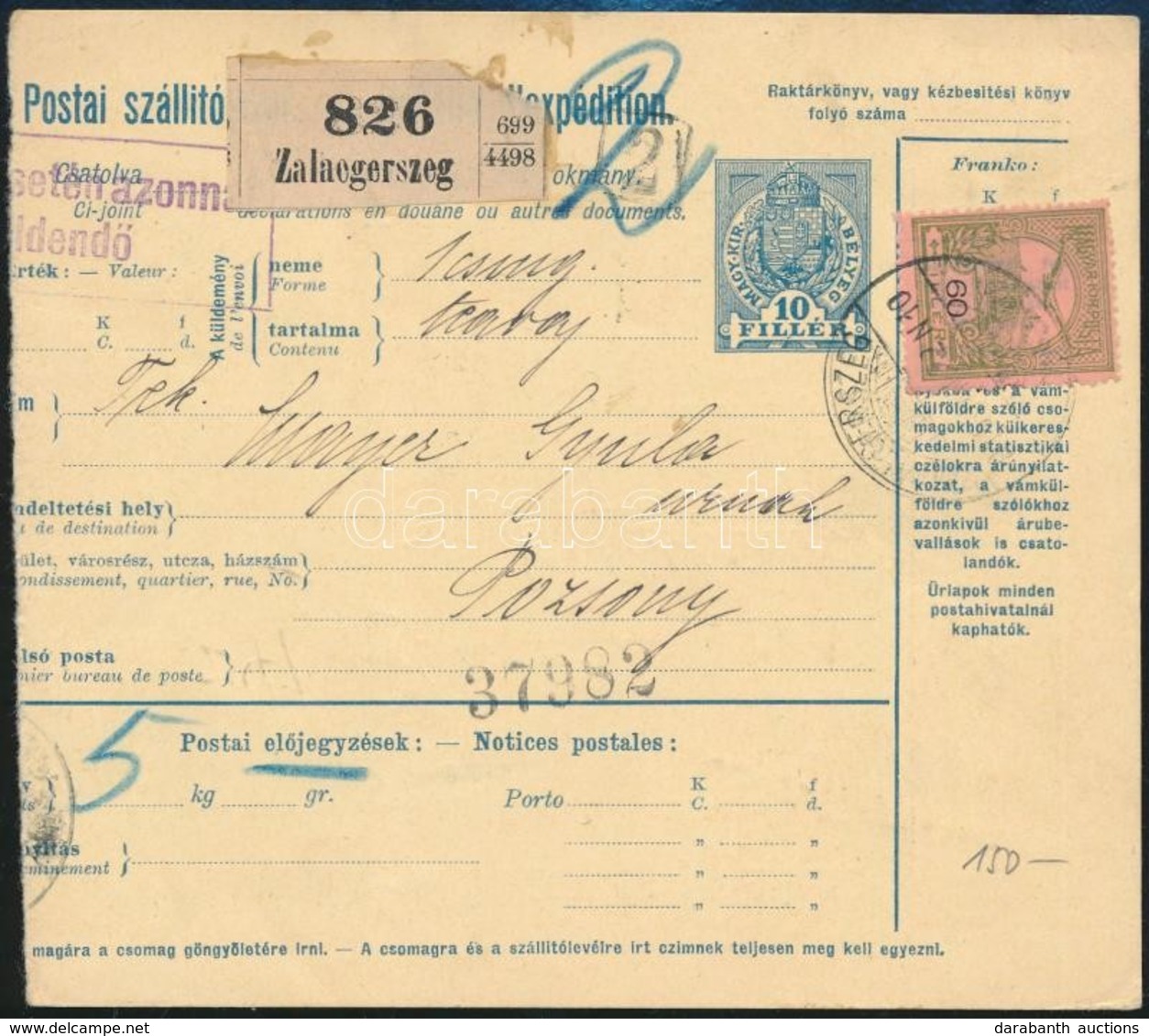 1916 Csomagszállító Szelvény Turul 60f Bélyeggel, Hátoldalon Turul 1K Tükörnyomata - Andere & Zonder Classificatie