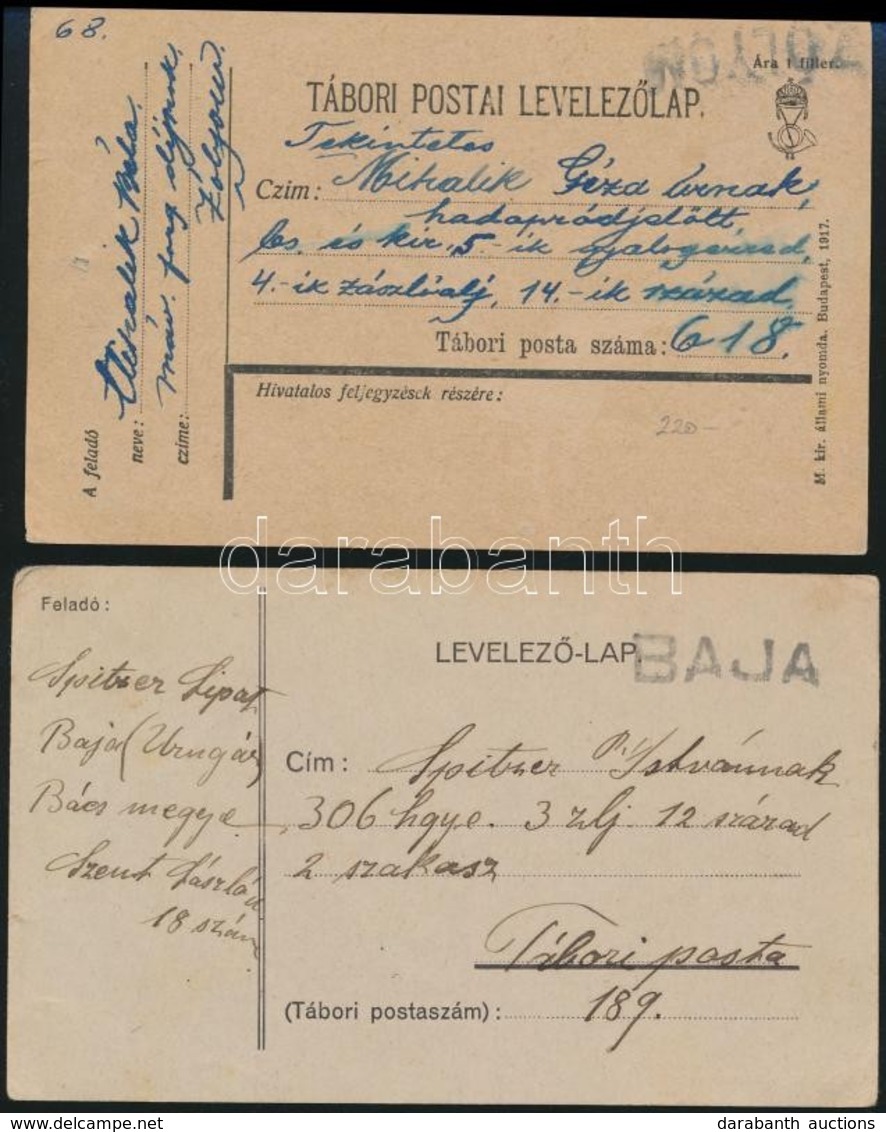 1916-1917 2 Db Levelezőlap Mozgóposta Bélyegzővel 'BAJA', 'ZÓLYOM' - Andere & Zonder Classificatie